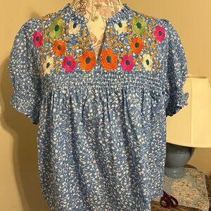 THML Blue Top with Colorful Floral Embroidery NWT